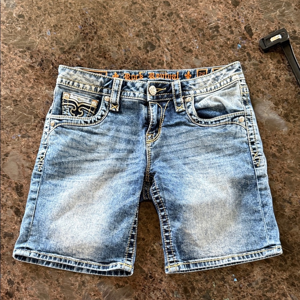 Rock Revival Faded Blue Embroidered Denim Shorts